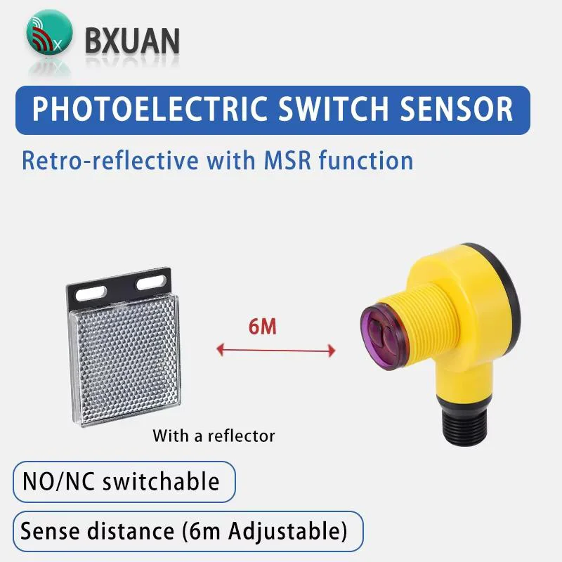 T30 Retro Reflective Photoelectric Switch Sensor NPN PNP DC10-30V Adjustable 6m Detection Distance for Automation