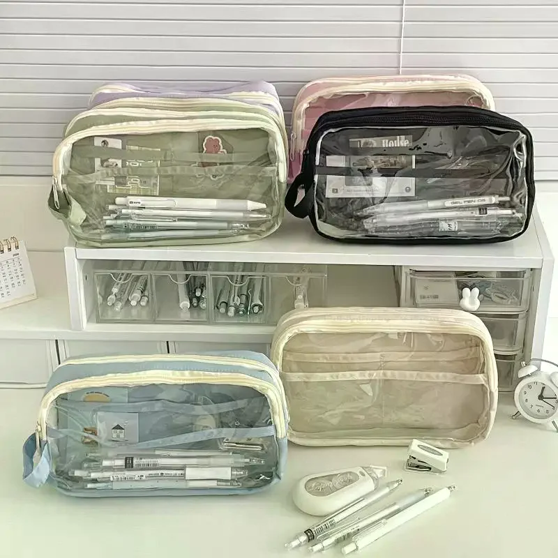 Transparent Visible Pencil Case Large Capacity Double Layer Splash Prevention Pen Pouch School Exam Stationery Bag