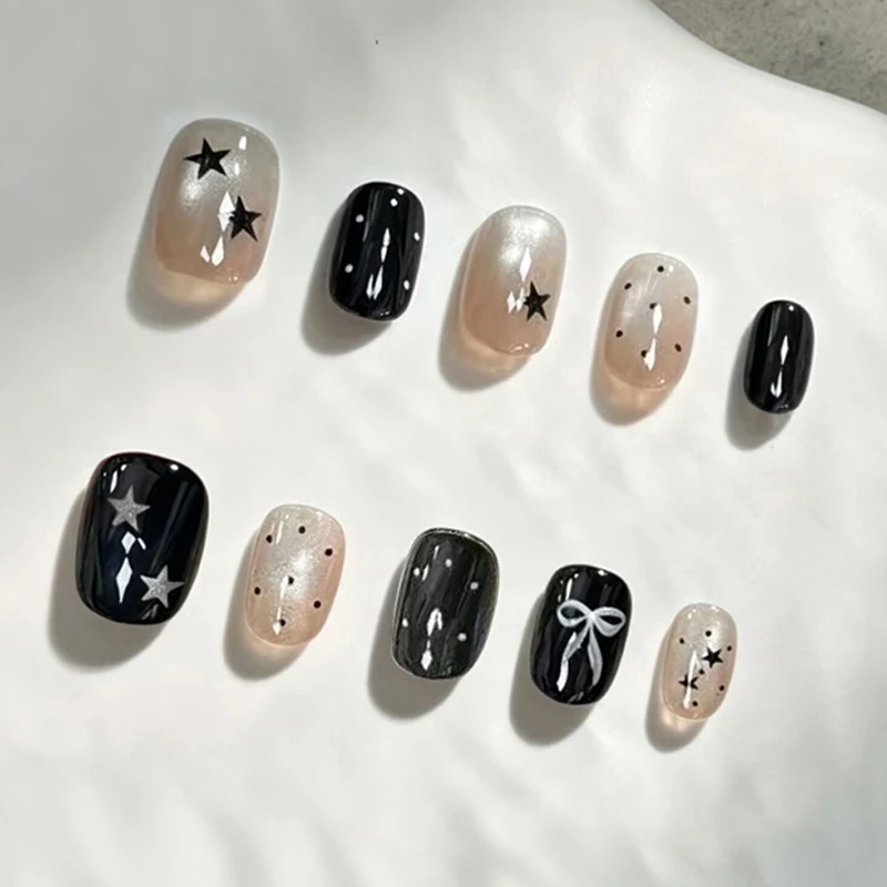 10 Stück Französische Kurze Ovale Aufklebenägel - Einfache Farbblock-Streifen & Stern-Designs Glänzende Mix-and-Match Künstliche Nägel – Detail 14