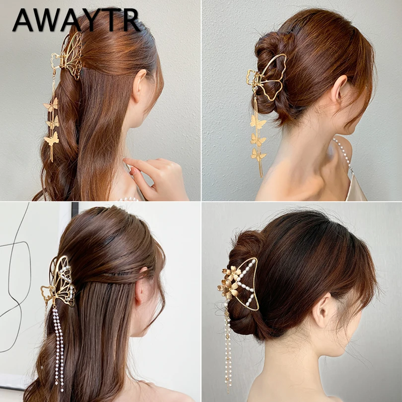AWAYTR Metal Silver Gold Butterfly Hair Claw Women Vintage Tassel Pendant Hair Clips Headband Hairpin Hair Crab Hair Accessories