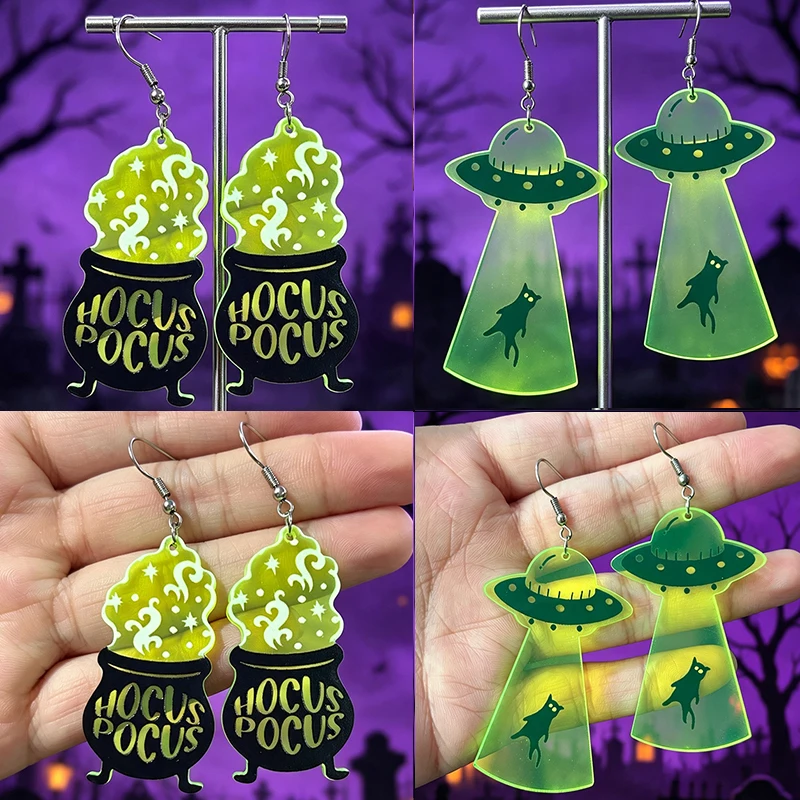New Magic Crucible UFO Green Fluorescent Bottle Earrings with Cat Alien Spaceship Halloween Acrylic Earrings Decorative Gift