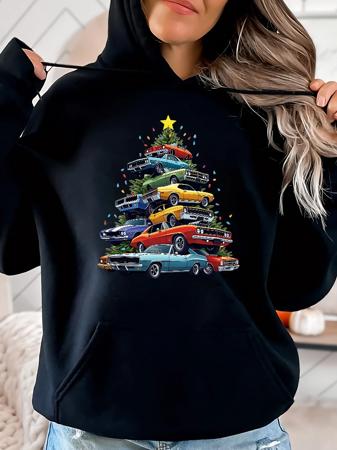 Muscle Cars Sudadera con capucha navideña con estampado de árbol de Navidad Ropa informal para mujer Negro Tallas grandes