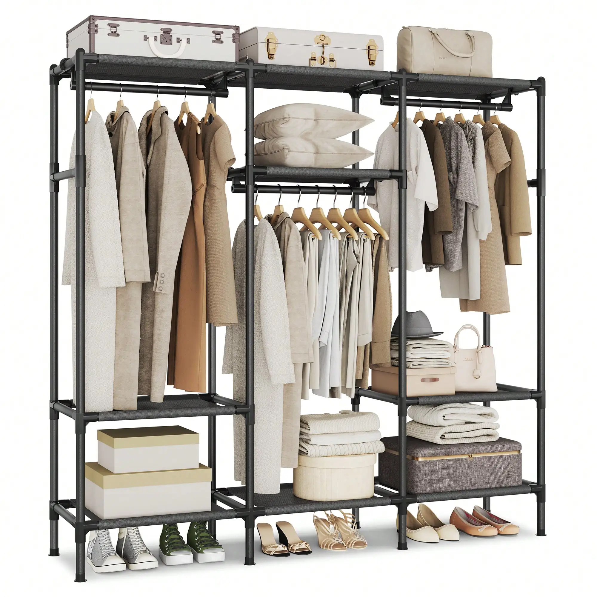 

Clothes Rack, Portable Closet, Heavy Duty Wardrobe Closet Organizer With Hanging Rails And Shelves, 74.8"H, Total Load