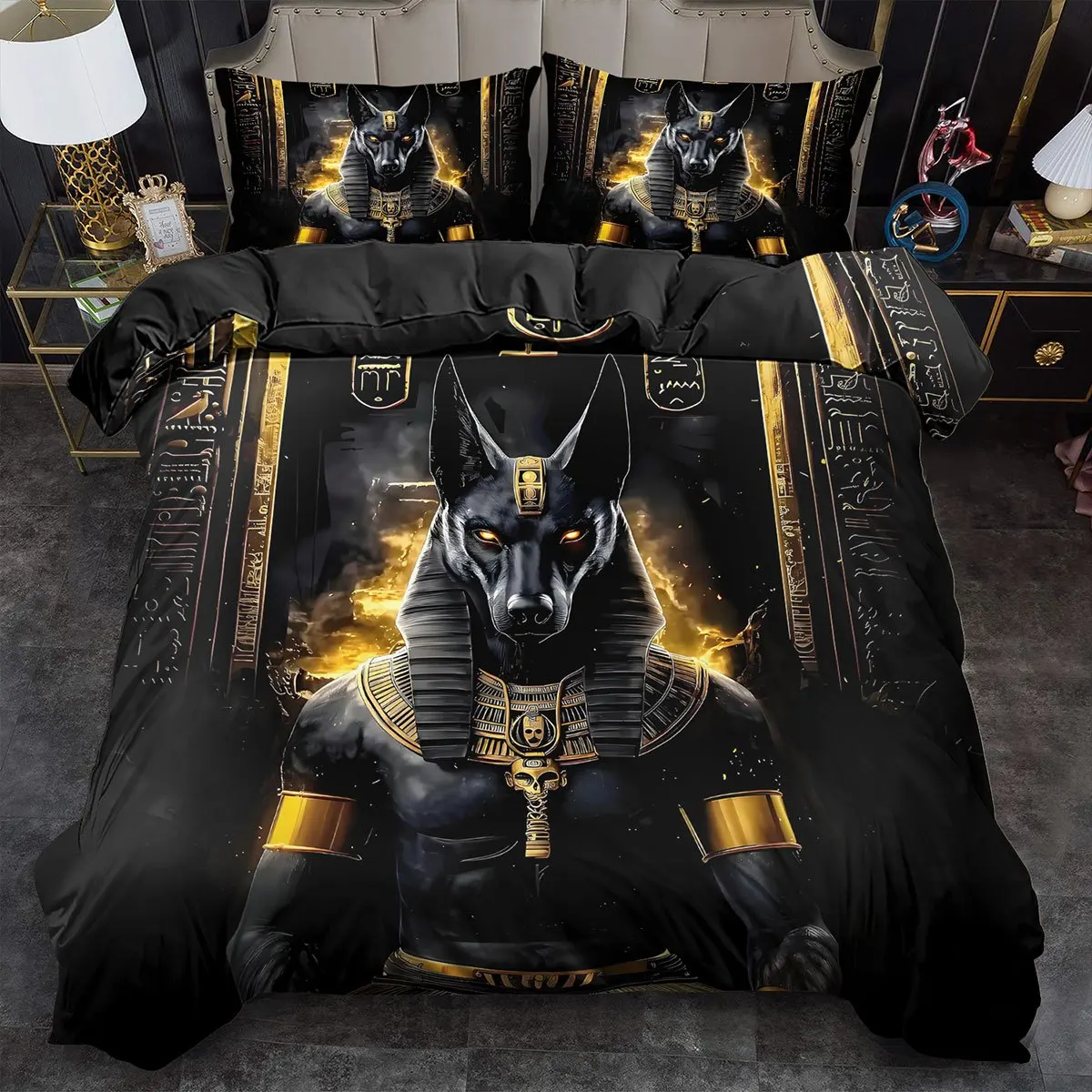 Bedding Set Egyptian Anubis God Print Duvet Cover Set King Queen Style Quilt Cover Bedroom Decor Guest Room Machine Washable