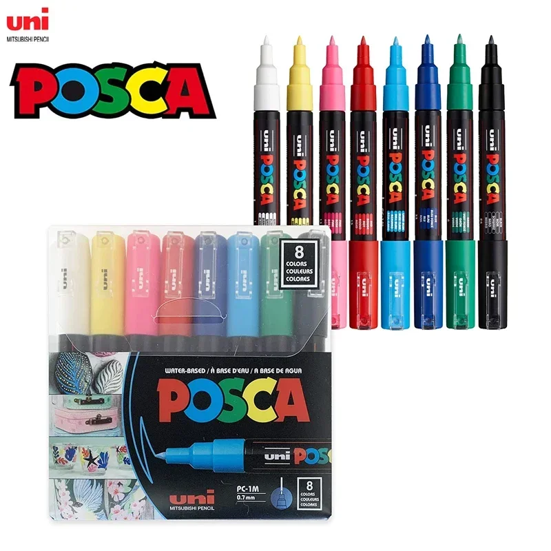 Japan UNI Posca PC-1M 8C Paint Marker Pen Set, 0.7mm Extra Fine Point Bullet Nib Painting POP Graffitti Drawing Pen Art Supplies