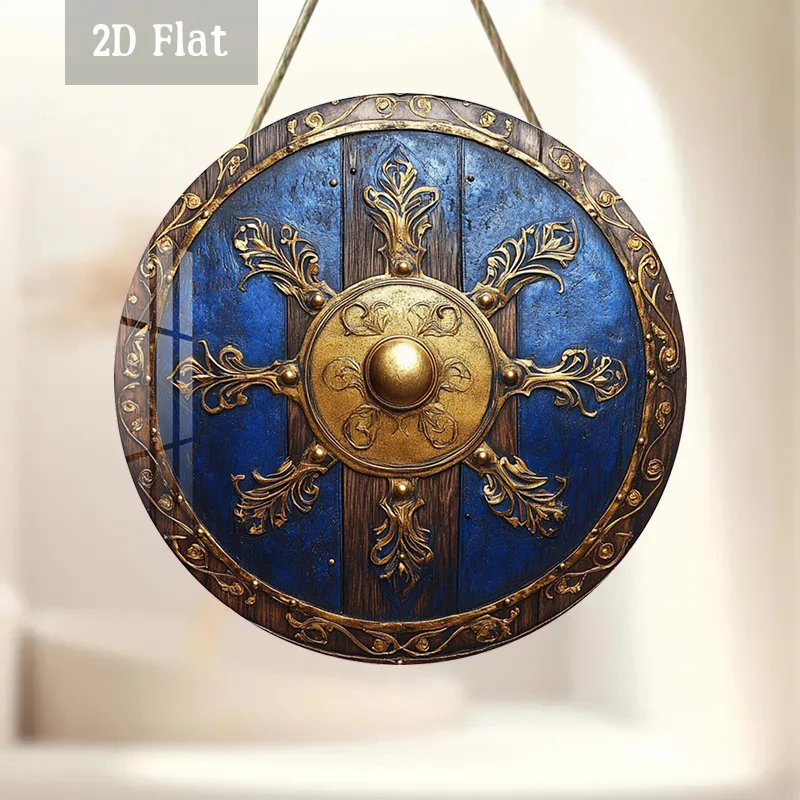 2D Flat - 1pc a Medieval-Style Decorative Shield Made of Wood, Featuring a Vintage Ornate Design. This Round Wooden Artwork Serv