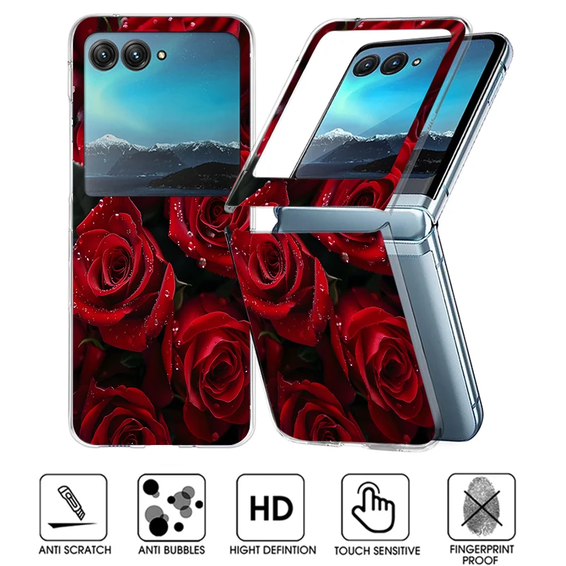 Rote Rosen-Muster-Handyhülle für Motorola Razr 60 40 50 Ultra Razr60 Razr50 Razr40, stoßfeste, transparente, faltbare Hart-PC-Abdeckung