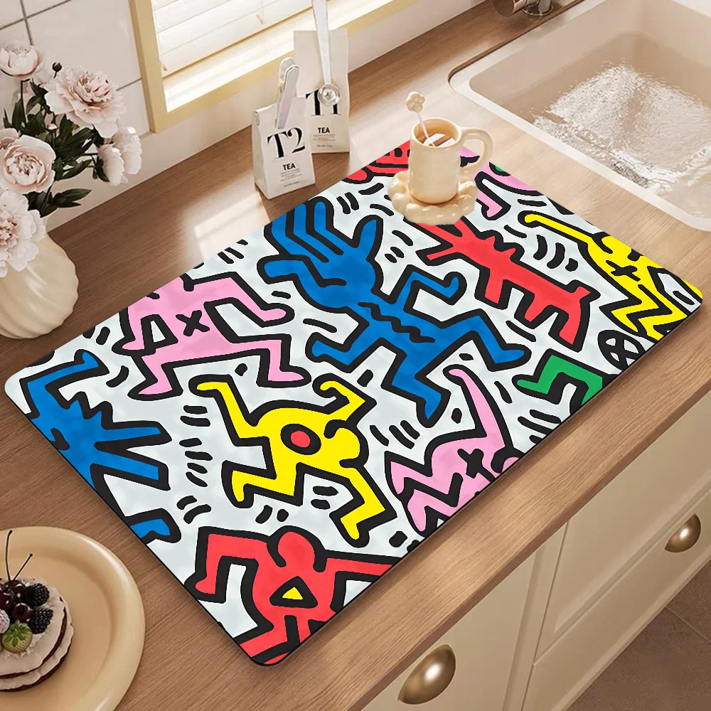 K-Keith Art Haring Printed Dish Drying Mat Super Absorbent Coffee Drain Pad Tableware Quick Dry Rug Kitchen Dinnerware Placemat