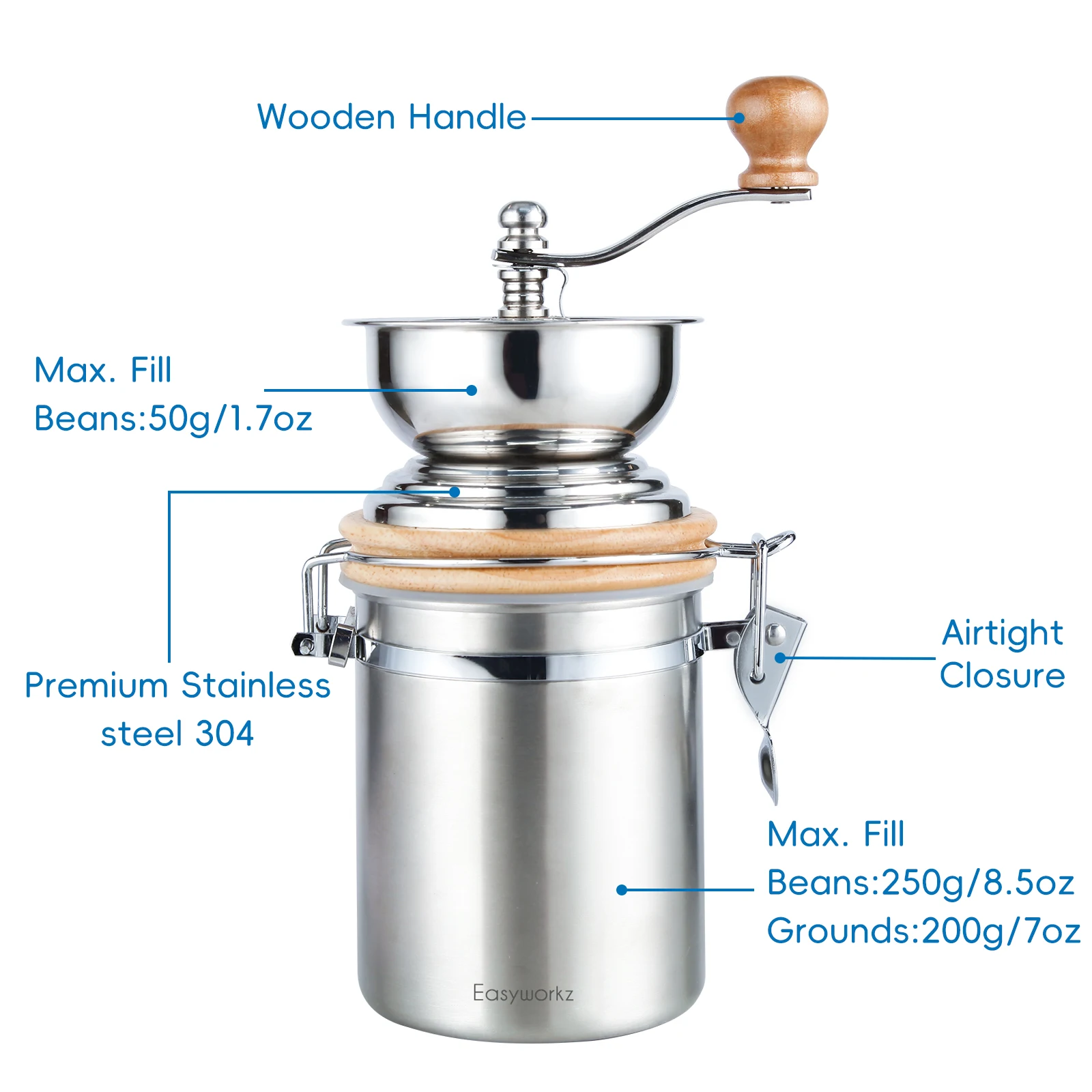 Easyworkz Manual Coffee Grinder - Adjustable Settings, Airtight Canister - Coffee Bean Mill Tool for Kitchen, Hand Crank Coffee
