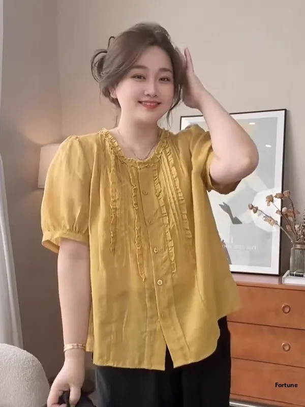 plus Size Women's White irt with Wood ain Ruffle ort Sve Loose Belly Covering Korean Sle Commute Loose Blouse