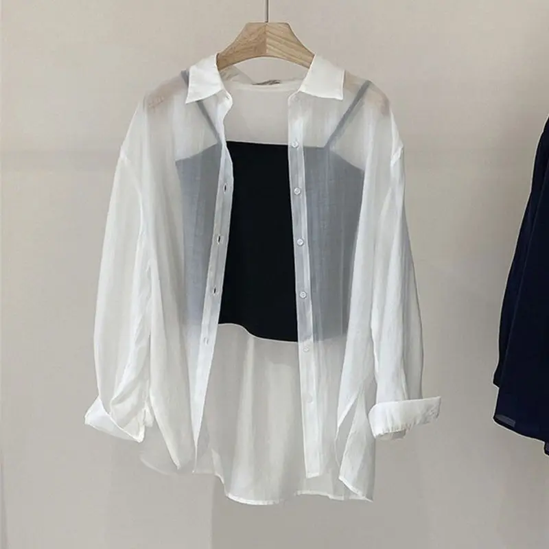 Spring 2024 New Women Chiffon Sunscreen Solid Color Korean Side Buckle Micro Transparency Summer Fashion Loose Long Sleeved Tops