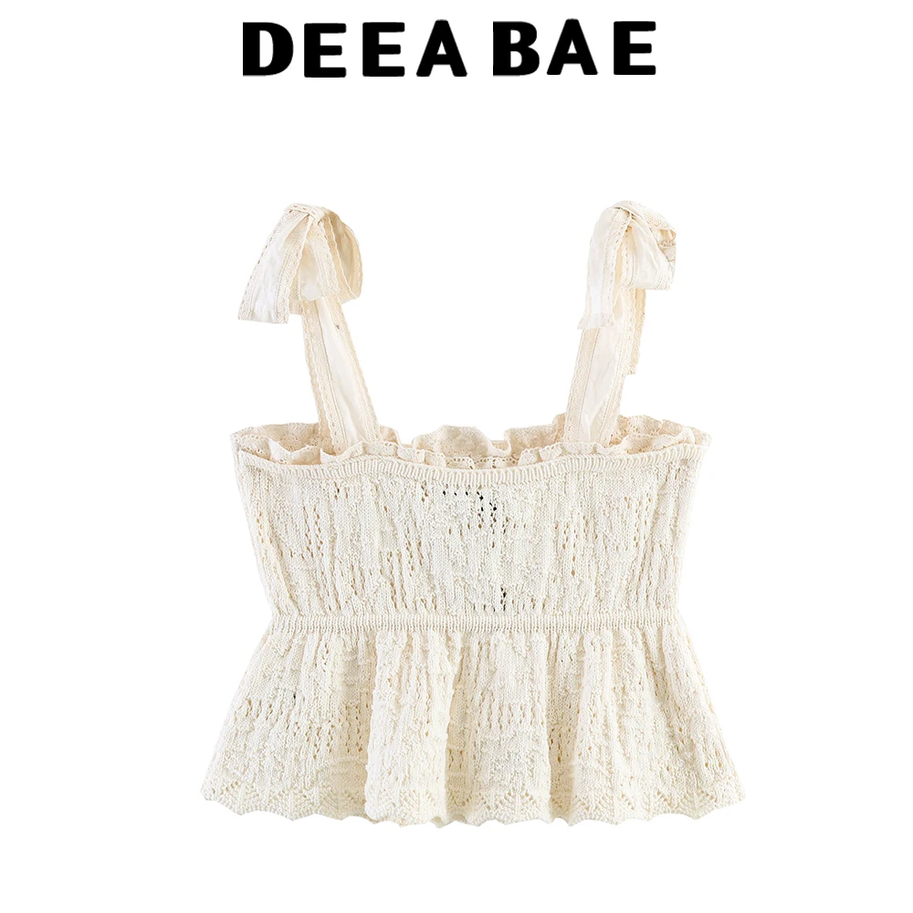 DEEABAE 2026 Summer New Product Women's Sweet and Spicy French Hollow Bow Decoration Knitted Top Strap