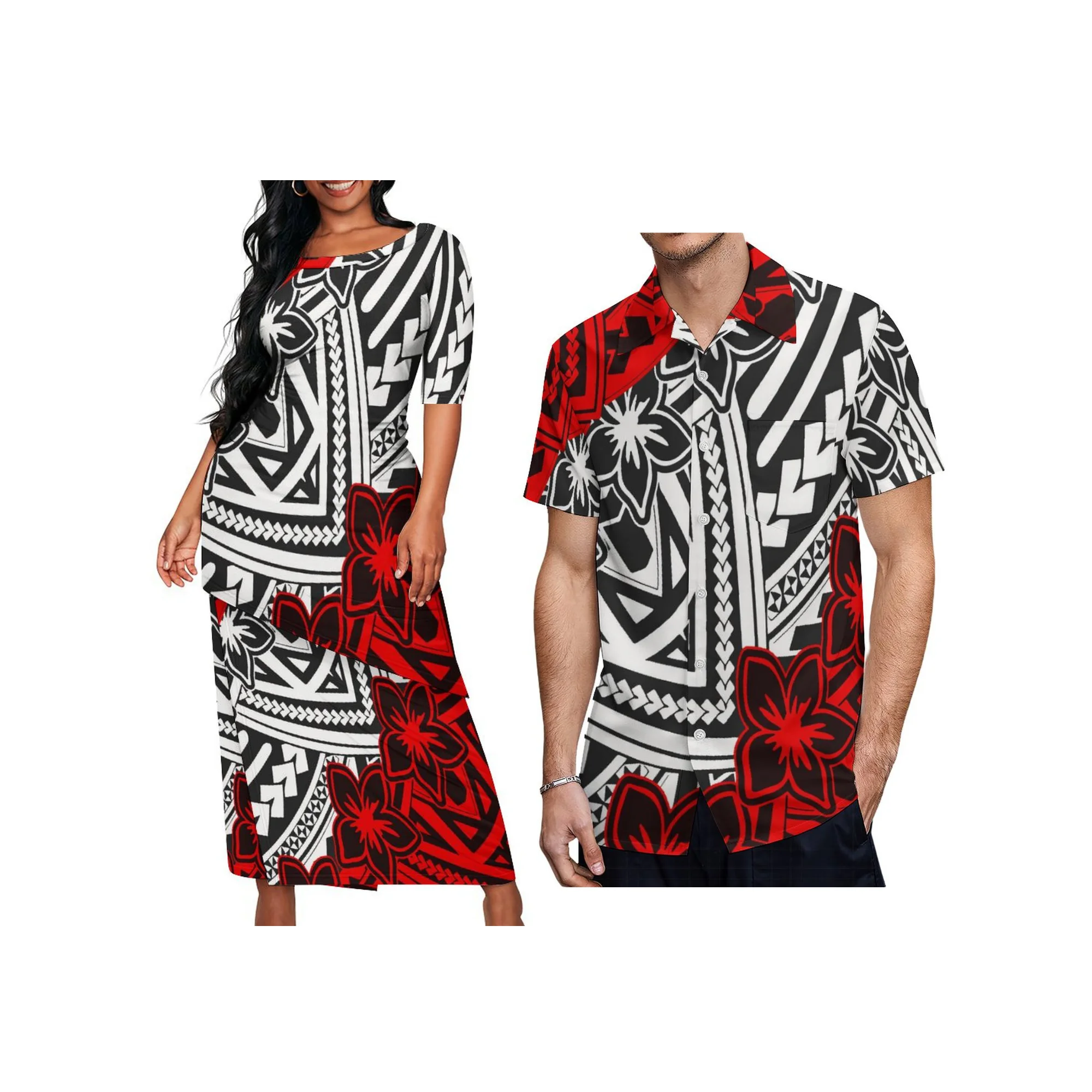 Custom Logo Polynesian Island Design Tongan Puletasi Dress Ladies Oblique Hem Crew Neck Samoan Dress 2 Piece Set