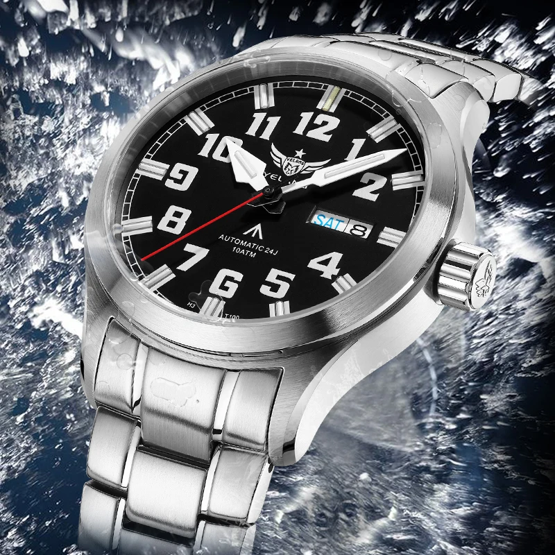 YELANG ساعة عسكرية للرجال 42 مللي متر الطيار التلقائي الميكانيكية ساعة اليد أنابيب مضيئة الياقوت غواص 100 متر مقاوم للماء NH36