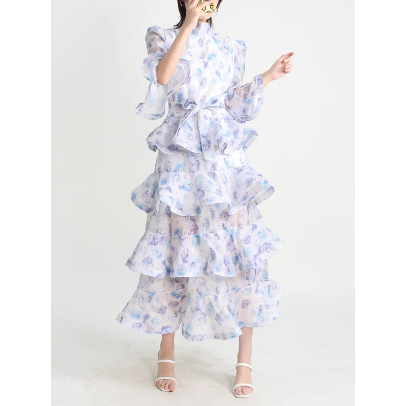 2025 manga alargamento magro longo bolo camada impressão festa maxi vestido gola passarela para mulheres verão outono