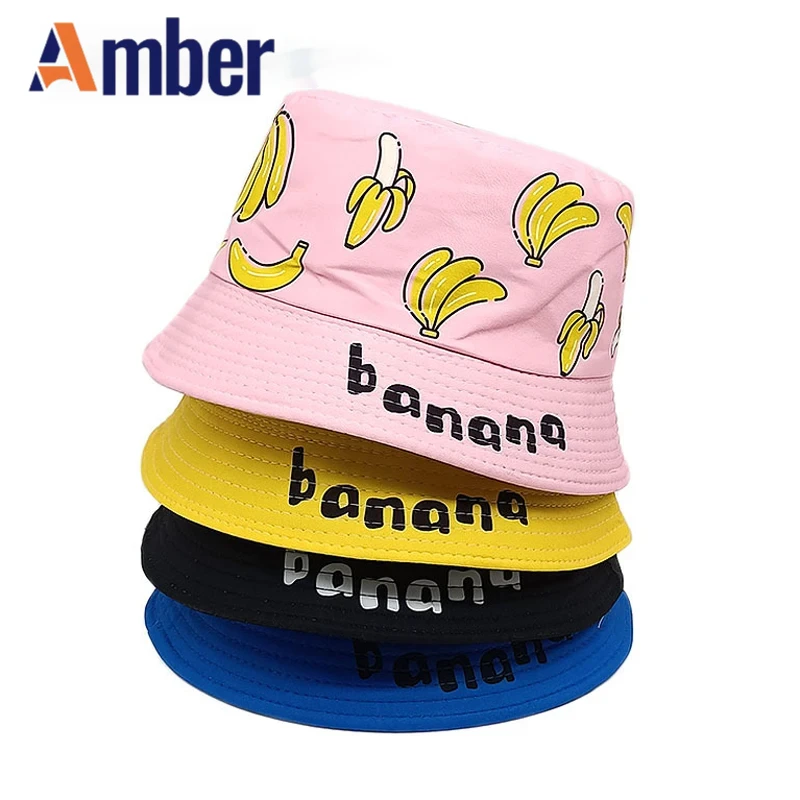 

Amber Banana Pattern Bucket Hat Children Fisherman Hats Cartoon Panama Panama Cap 54cm Boy Girl Kid Double Sides Outdoor Sun Cap