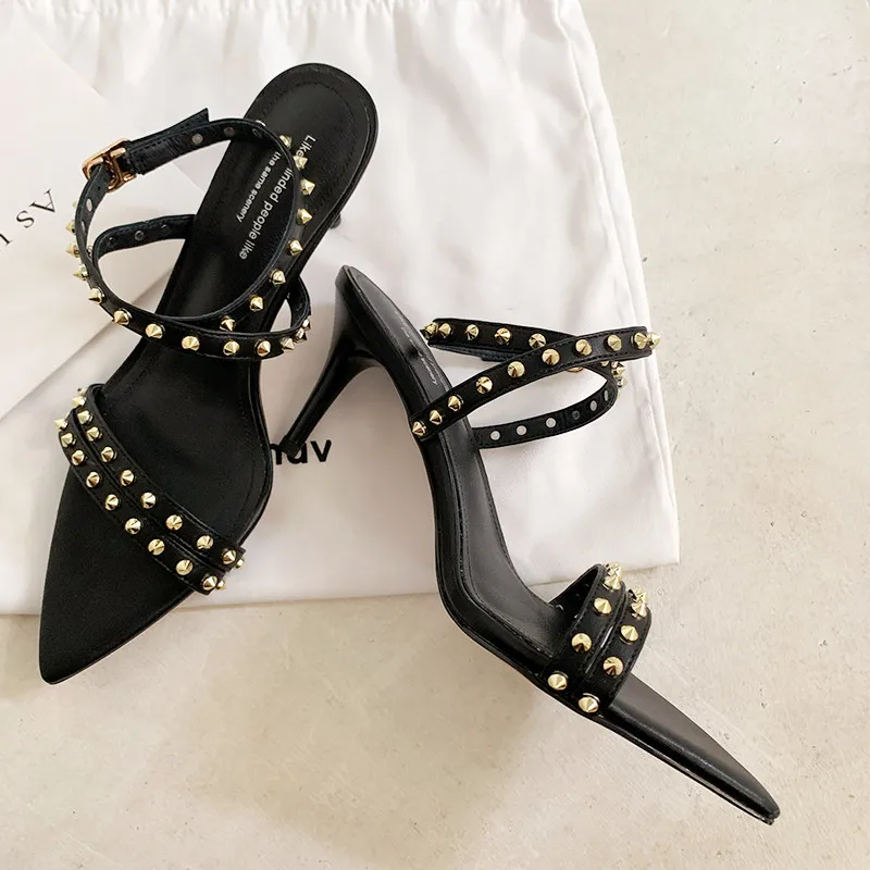 

MKKHOU Fashion Sandals Women's New High Quality Genuine Leather Pointed Rivet Ankle Buckle Strap Modern Summer Open High Heels