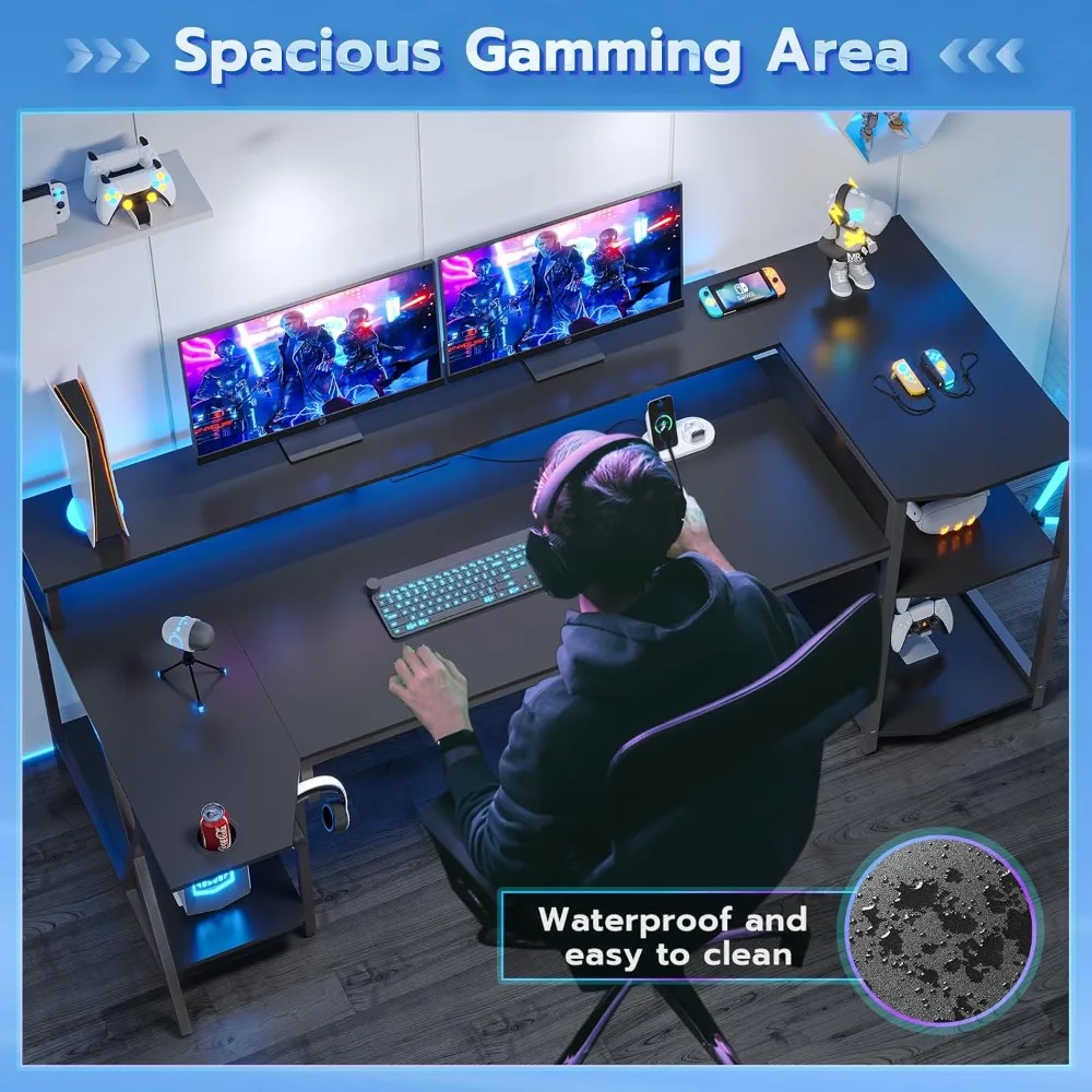 Scrivania da gioco da 70,8'' con luci a LED e ripiani portaoggetti, scrivania per computer con supporto per monitor, prese di corrente e portabicchieri, grande P