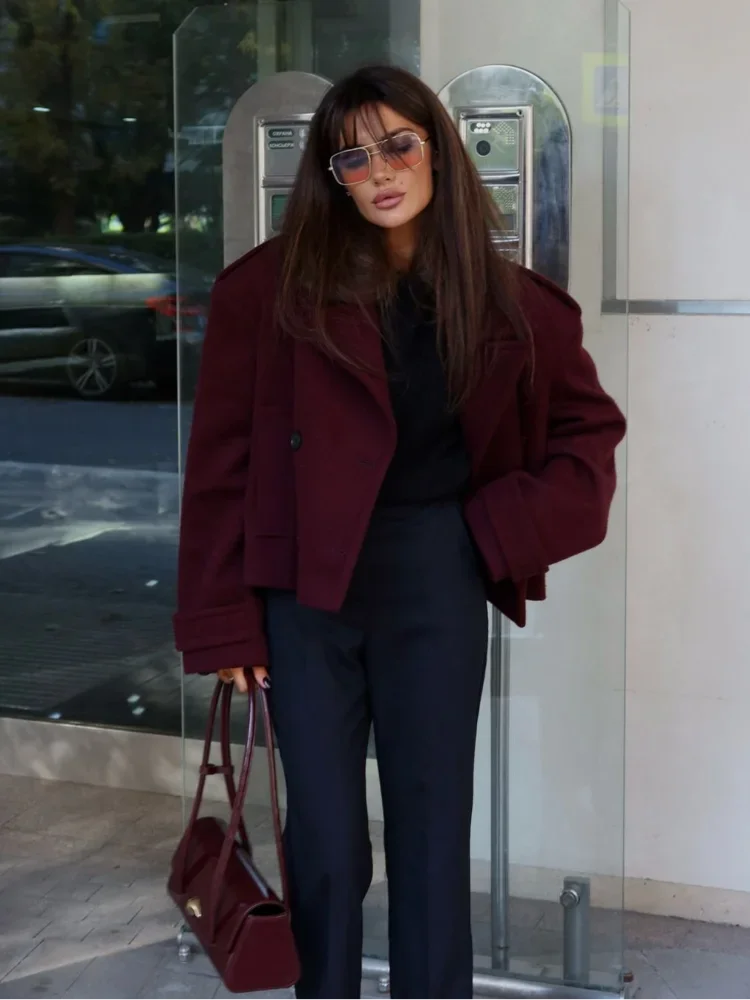 

Women Casual Solid Woolen Short Coat Fashion Collar Single Breasted Pocket Loose Outerwear Lady Autumn New Daily Commute Jacket