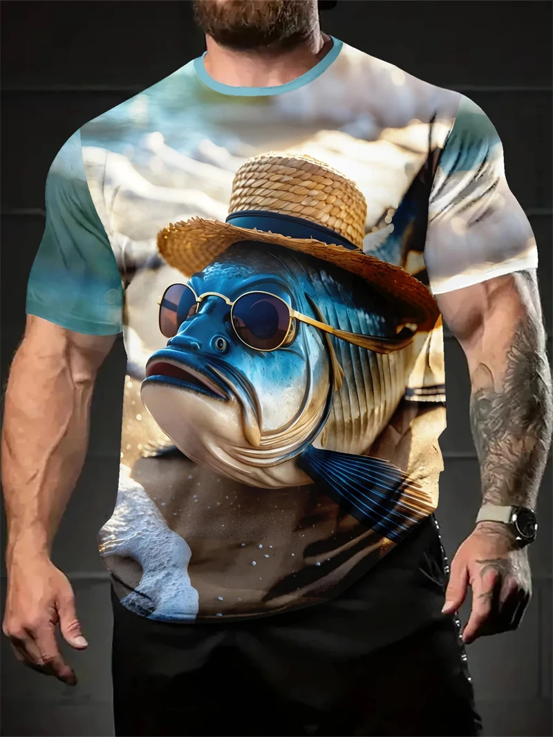 Funny T Shirt Man Fish Spoof 3D Print Tops Men Women Short Sleeve Tee Oversized Streetwear T Shirt Casual Simple Men's Clothing