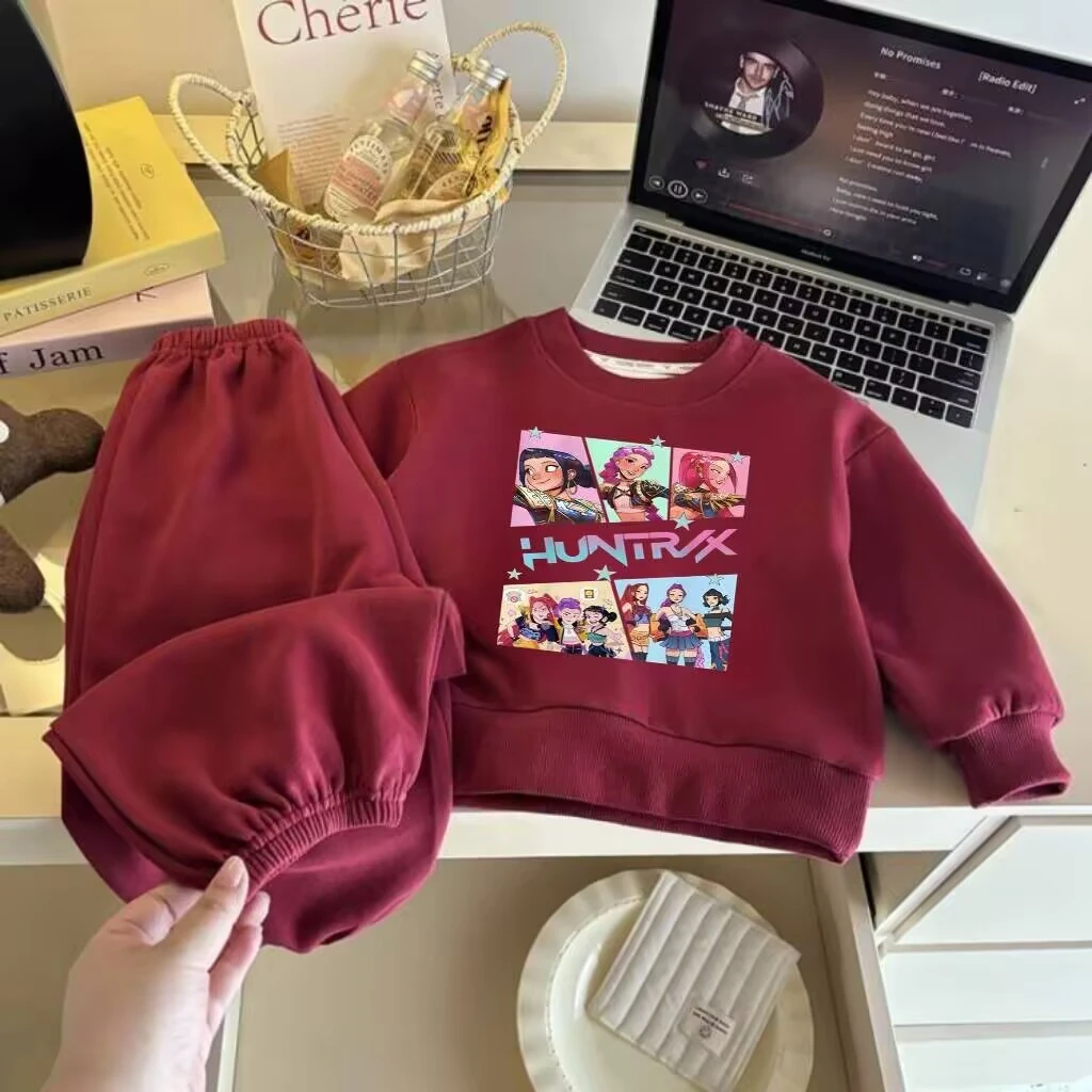 

Детские костюмы-свитшоты, разноцветные комплекты, зеленый, красный, темно-синий спортивный костюм Huntrix, популярный вязаный наряд с героями мультфильмов, детская одежда