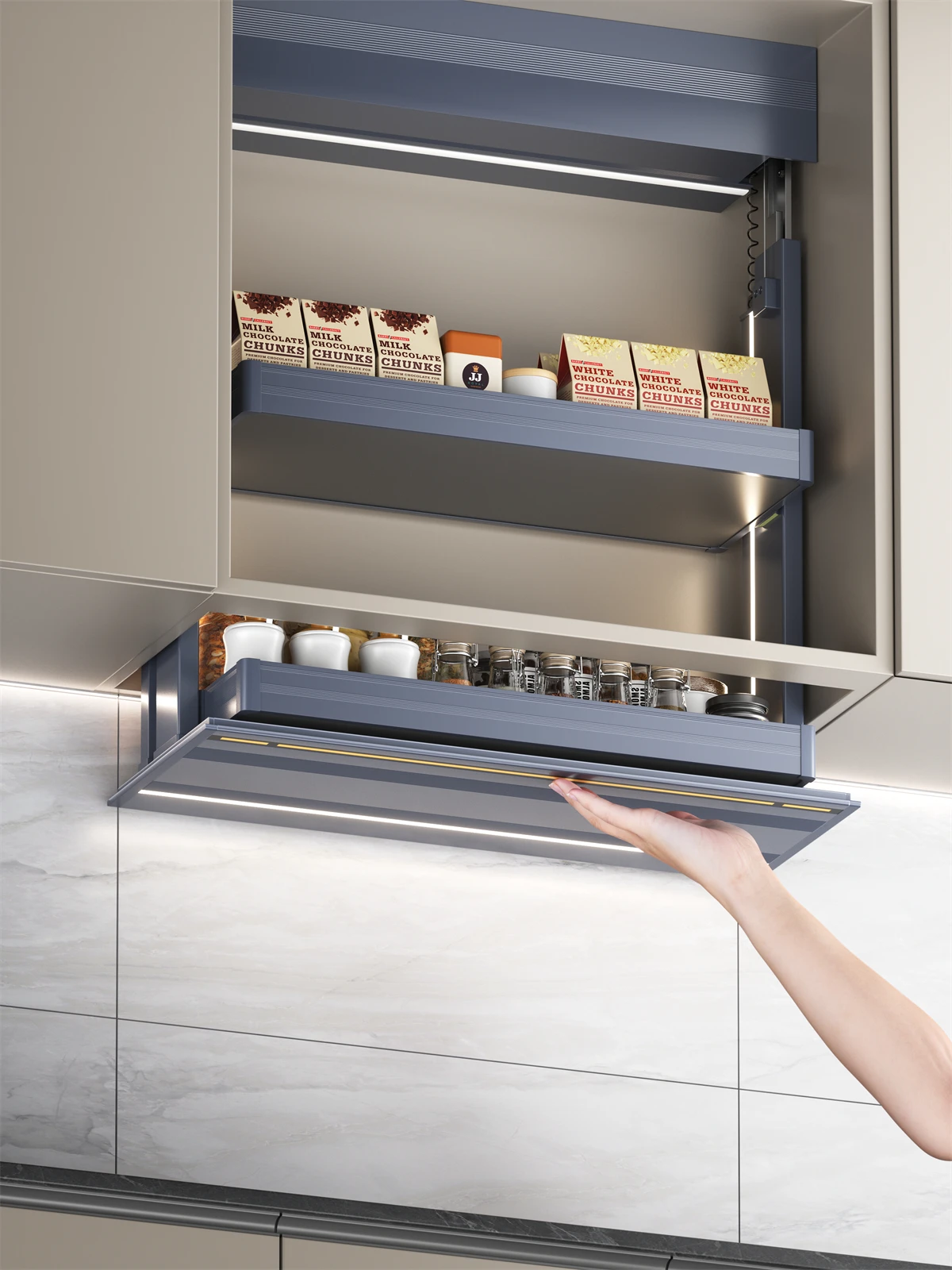 

Smart Pull Down Cabinet Organizer Touch Control Lift Shelf LED Upper Storage Senior Handicap High Ceiling Kitchen Accessory Plus
