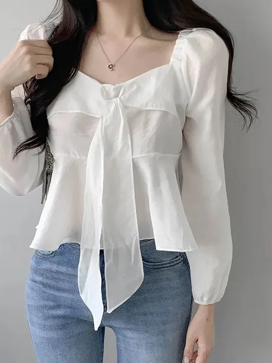 

Korean Sle Women's Long Sve Chiffon irt Bow Tie Sweet Youth Reduction Square Collar Bubble Sve Top Faionable Loos...
