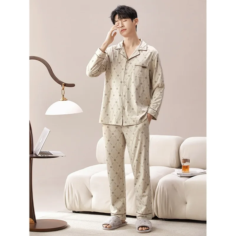 Conjunto de pijamas de algodão manga longa masculino, Homewear jovem, loungewear estampado, casual, fora, masculino, pijama, outono, primavera