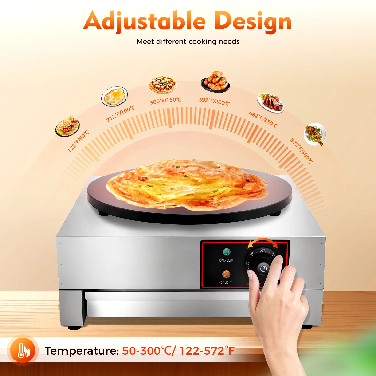 Teglia per crêpe elettrica, teglia da 15,75 pollici di diametro, temperatura regolabile per comodità in cucina, supporto per snack, negozio di dessert