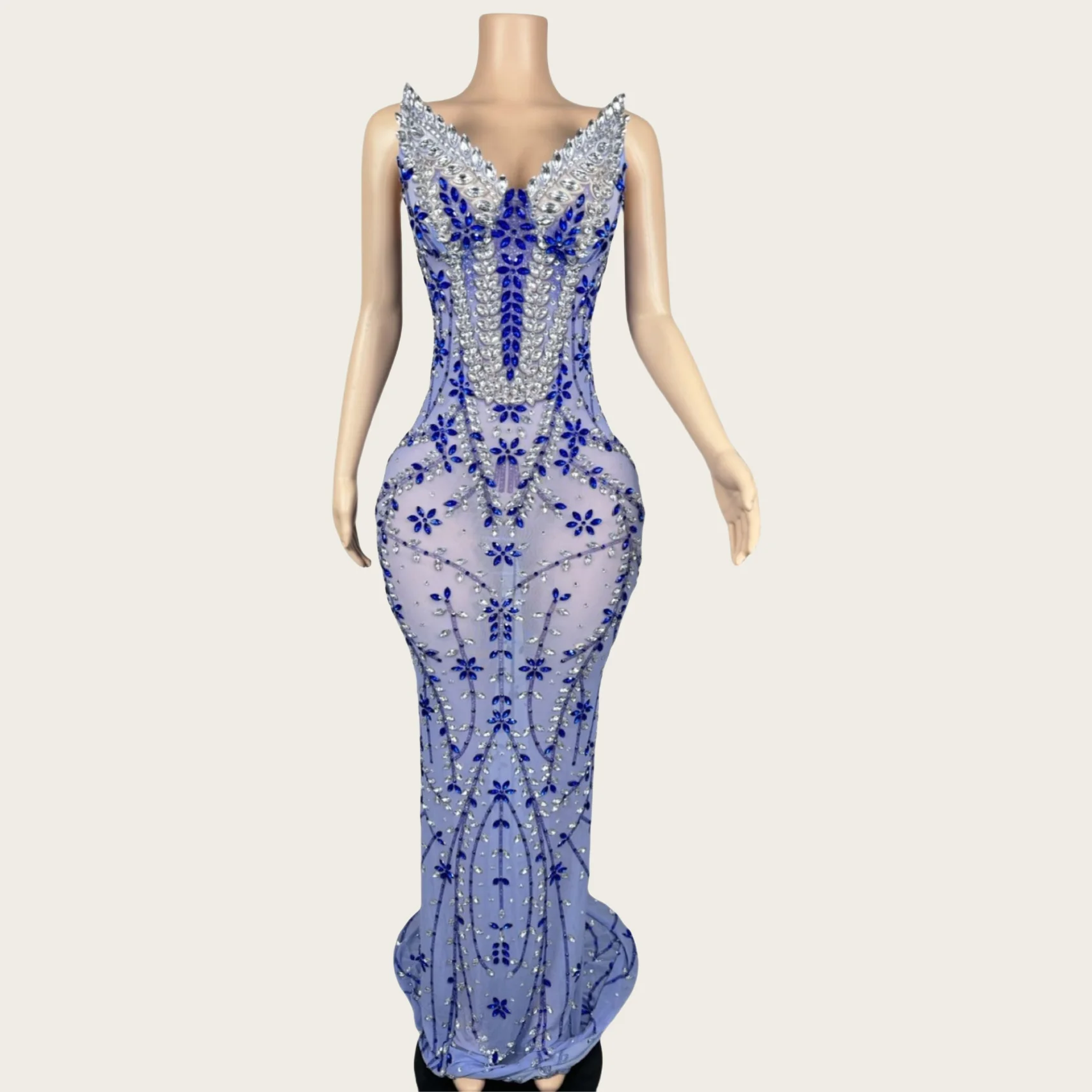 Qinghua Blue Sparkly คริสตัล Sheer ตาข่ายชุดยาวปิดไหล่เซ็กซี่สุภาพสตรีผอมชุดราตรีวันเกิด Party ถ่ายภาพสวมใส่