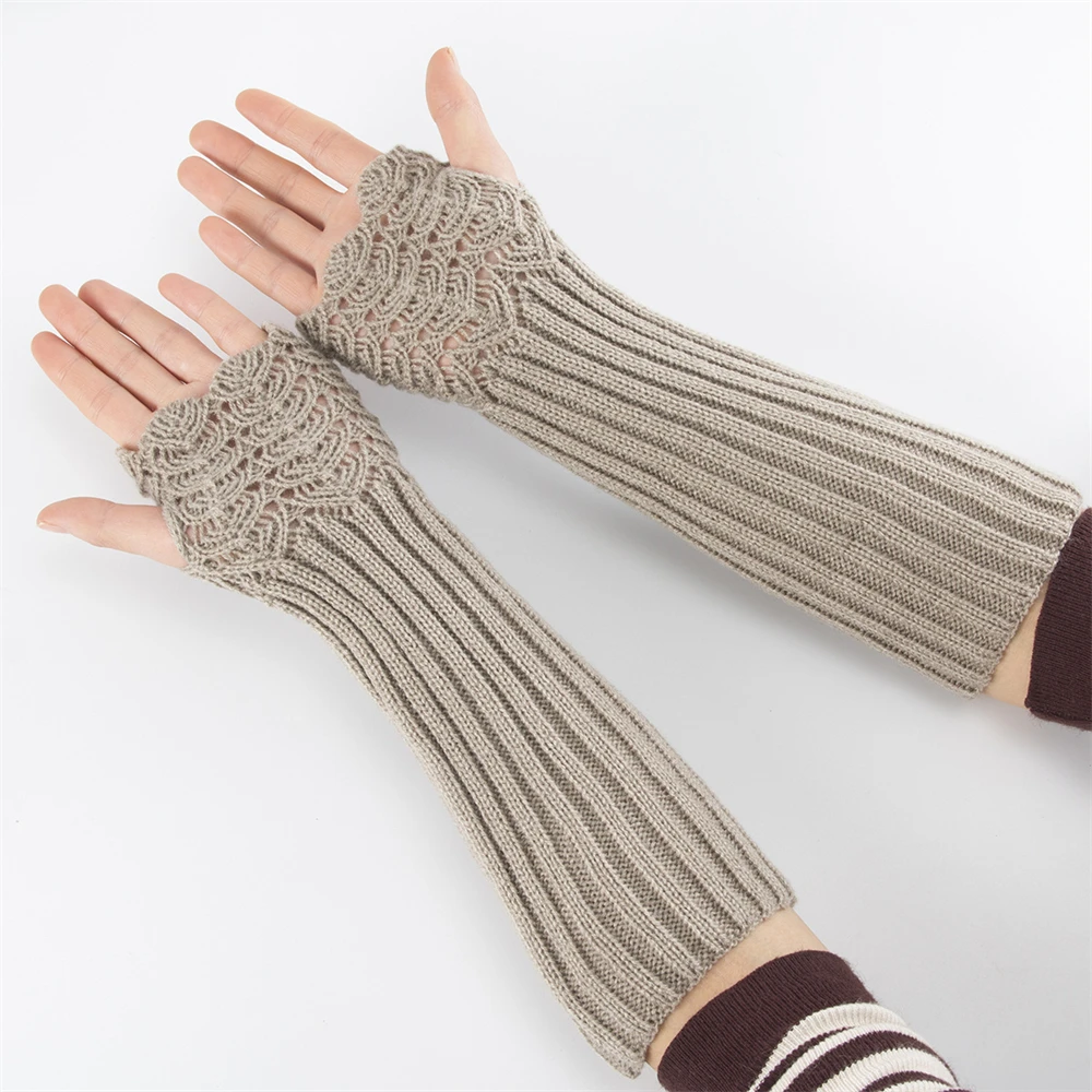 Long Sleeves Mittens Solid Soft Thicker Warm Acrylic Stretch Knit Half Finger Fingerless Arm Warmers Glove Winter Women
