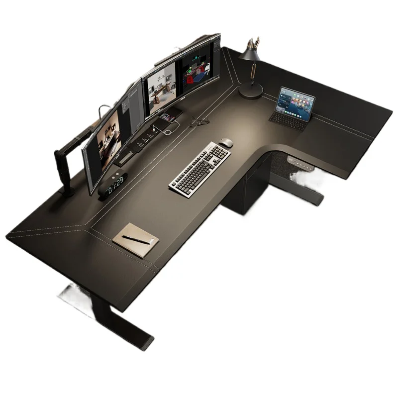 

Corner electric lifting table L-type corner leather workbench desk, home e-sports