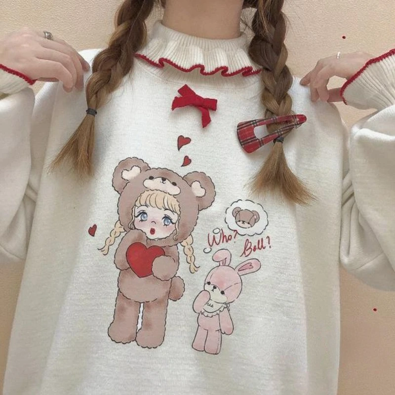 Kawaii Sweet Lolita Style Knitted Pullover Autumn Winter Women Cute Cartoon Rabbit Bow Sweater Y2k Aesthetic Knitwear Jumper Top