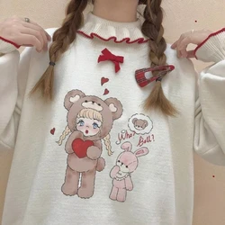 Kawaii Sweet Lolita Style Knitted Pullover Autumn Winter Women Cute Cartoon Rabbit Bow Sweater Y2k Aesthetic Knitwear Jumper Top