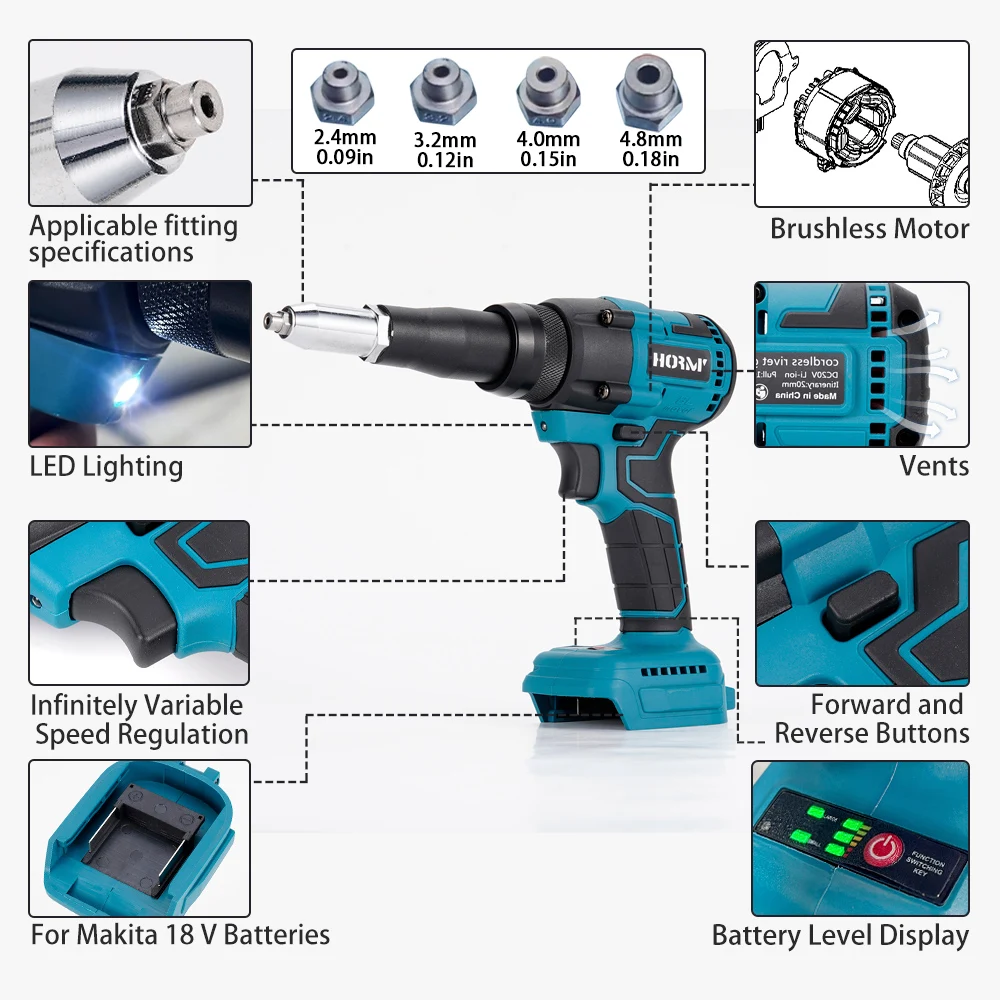 Hormy-pistola de remaches eléctrica sin escobillas, herramienta de taladro recargable para batería Makita de 18V