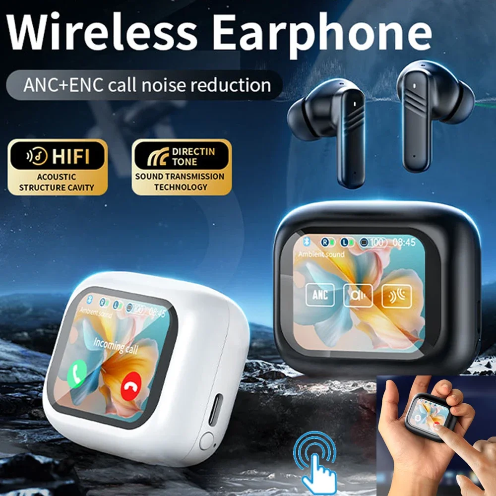 سماعات بلوتوث 5.4 ENC + ANC سماعات أذن داخلية كاملة في شاشة تعمل باللمس سماعة رأس HiFi ستيريو لاسلكية سماعة أذن تستخدم عند ممارسة الرياضة سماعة الألعاب