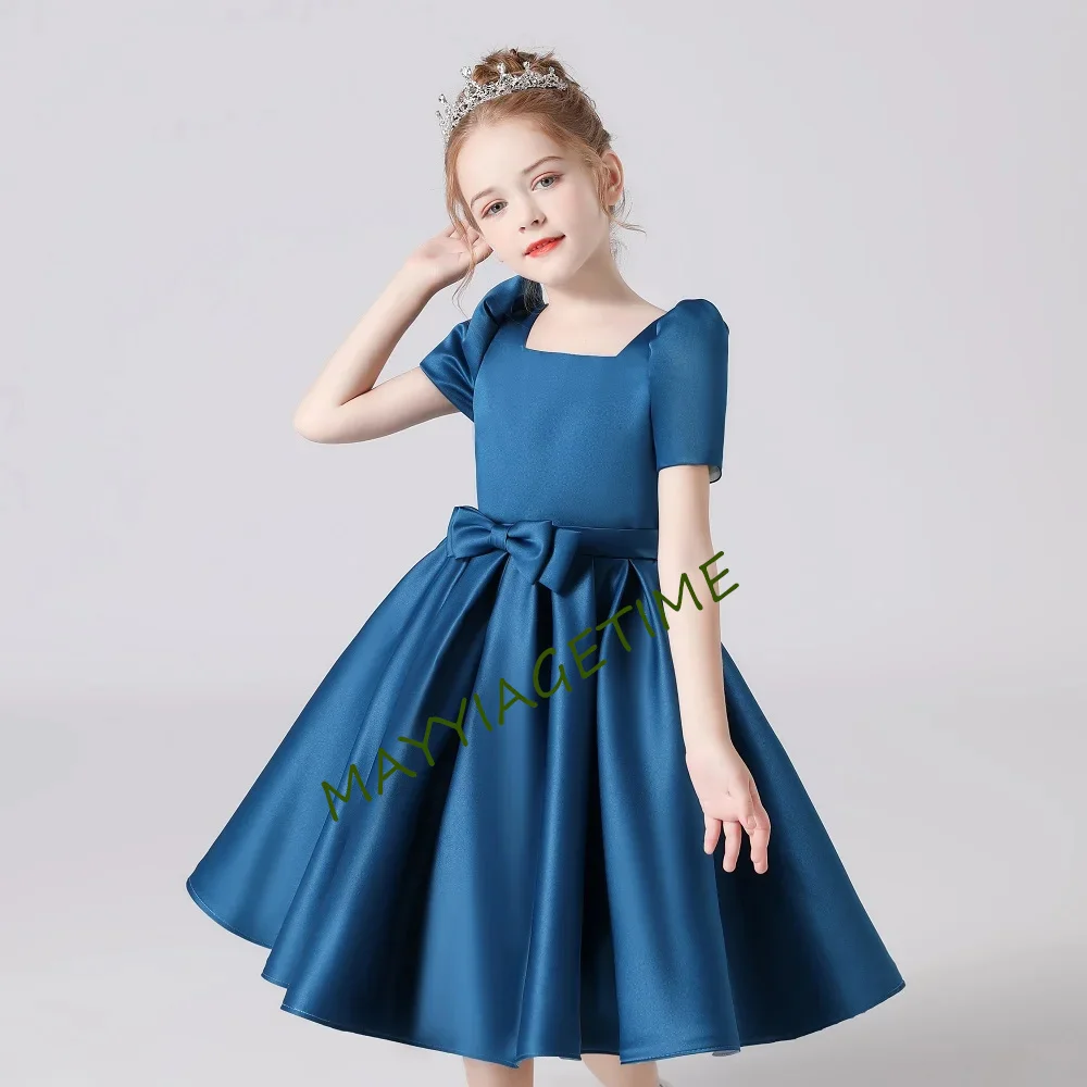 Elegant Satin Short Girl Dress For Formal Evening Party Simple Knee Length Kids Birthday Concert Party Junior