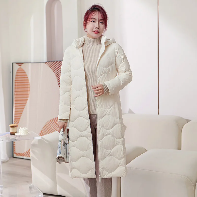 NewLightweight أسفل سترة النساء فوق الركبة تكبير مقنعين زراعة نفسك تظهر قبالة الوزن الدفء الأبيض بطة أسفل سترة #2