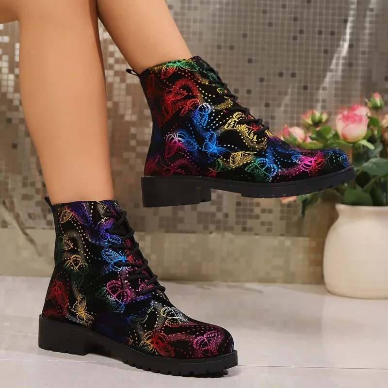 Autumn New Chunky Single Boots Women Fashion Round Head Deep Cut Front Lace-up Printed Soft Sole Non-slip Ankle Boots