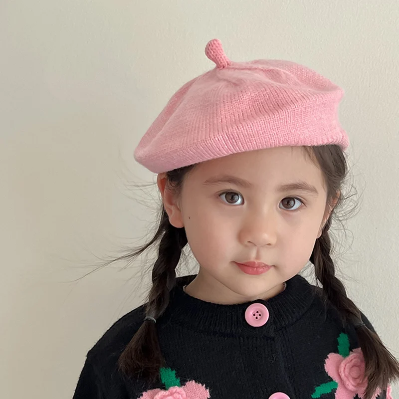 Kids Knitted Beret girl Fashion British Style Solid Candy Color Winter Hats For Girls Flat Cap Girl Felt Berets Baby Pumpkin Hat