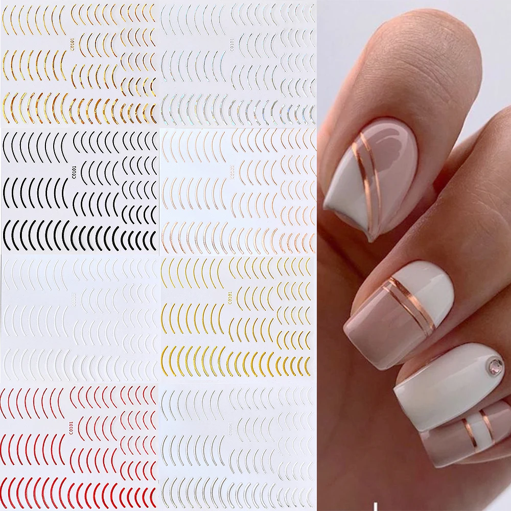 1szt Black Stripe Line Nail Sticker Sliver Gold Metal French Curve/Straight Line Nail Decals 3D Samoprzylepny suwak do paznokci w paski