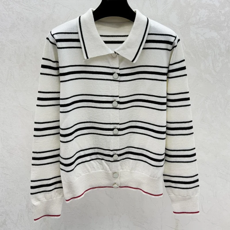 

High quality Color-block Stripes Women's Collar Single-Button cardigan Sweater Classic Style 25120696