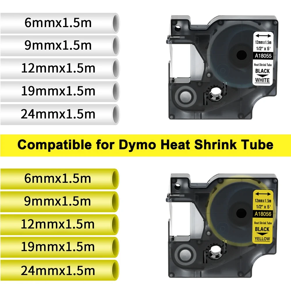 Compatible for DYMO Rhino Industrial Heat Shrink Tubes 18051 18056 18055 Black on White for Dymo Label Maker 4200 5200 6500 6000