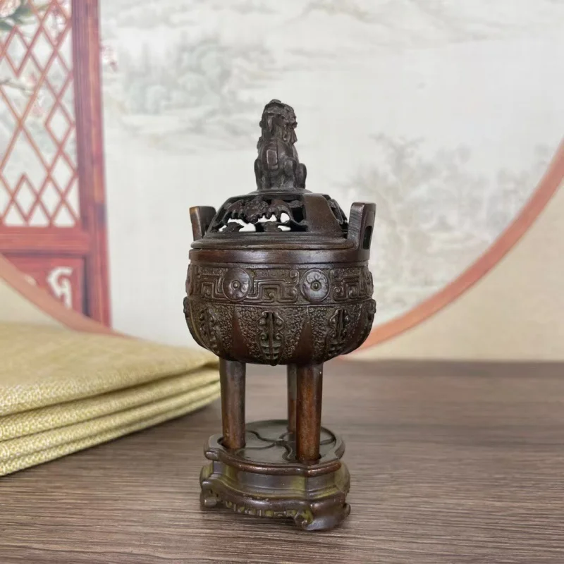 Antique Bronze Collection Brass Binaural Tripod Auspicious Beast Lion Copper Incense Burner Incense Burner Home Tea Ceremony Dec