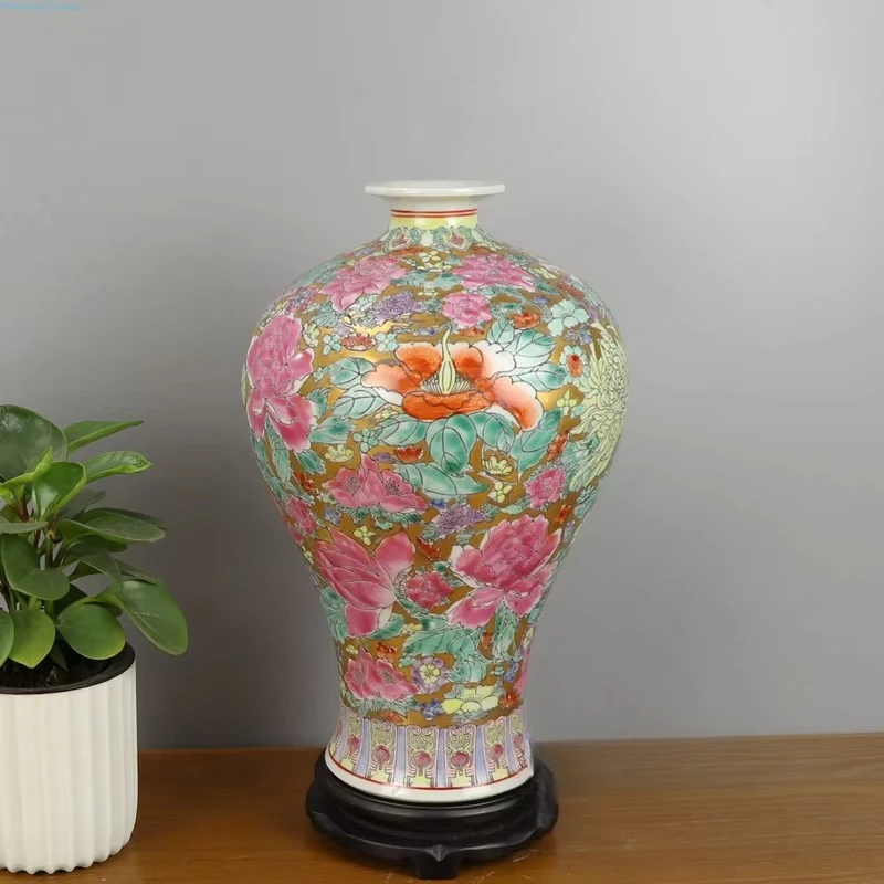 Royal Gold Background Hand Painted Thousand Flowers Ceramic Vase