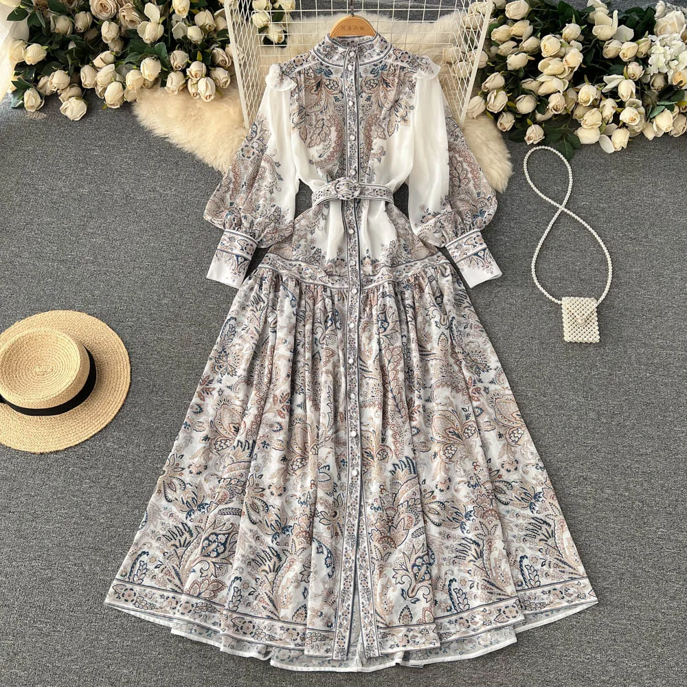 Autumn New Fashion Long Sleeve French Palace Maxi Dress Women Printed Elegant Party Vestido Feminino J058