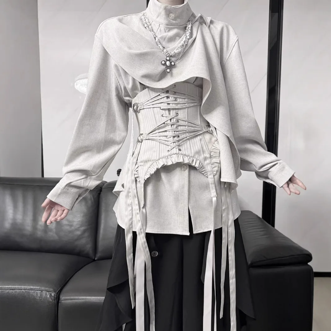 

Gothic Blouse Women 2025 Trendy Retro Punk Shirt Asymmetrical Paneled Niche Design Long Sleeve Button Down Irregular Shirts
