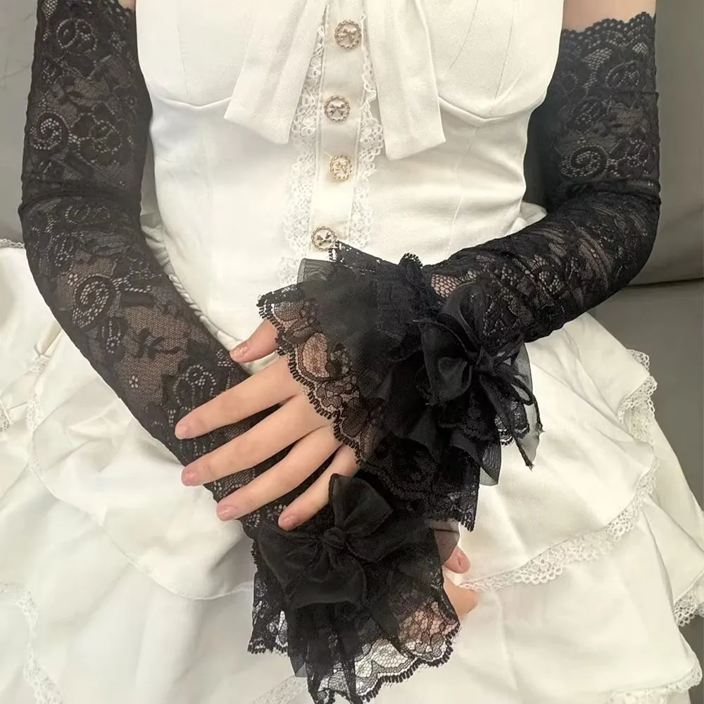 

Hollow Out Lace Fingerless Gloves Bowknot Ruffle Trim Lace Arm Sleeves Elastic Yarn Elegant Floral Bridal Wrist Gloves