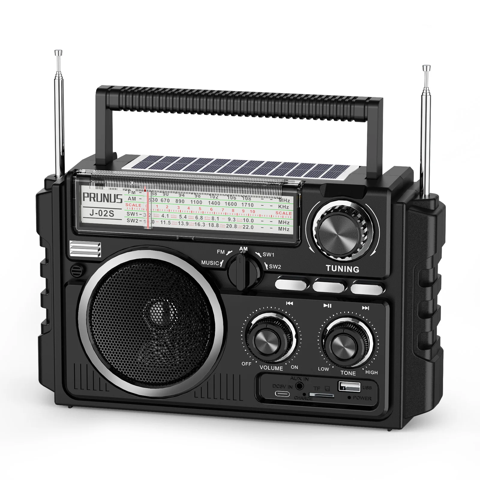 J-02S AM FM SWラジオ デュアルアンテナ ポータブル受信機、ソーラー