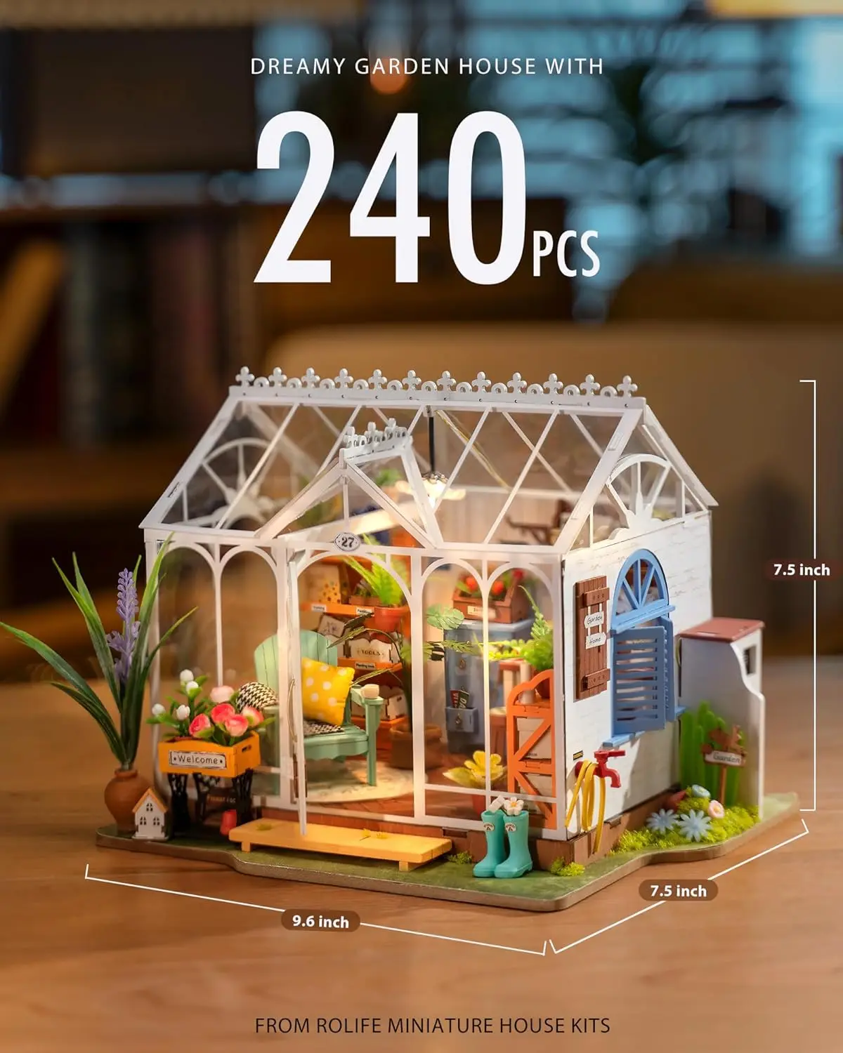 Robotime DIY Miniature House Kit Garden House Wooden Dollhouse Model Building Kit with LED for Adults and Children